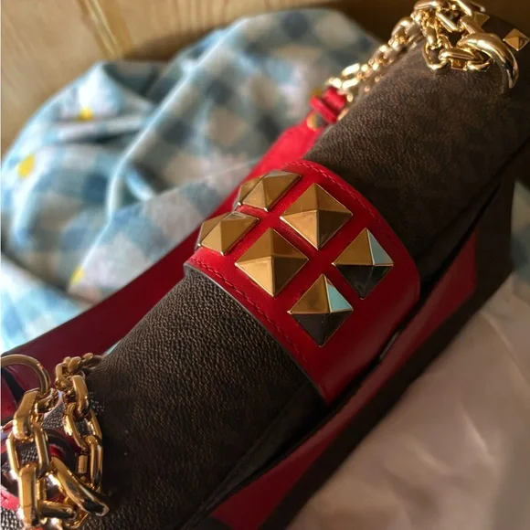 Michael Kors Cece Red and Brown Studded Chain Shoulder Bag - Picture 6 of 8